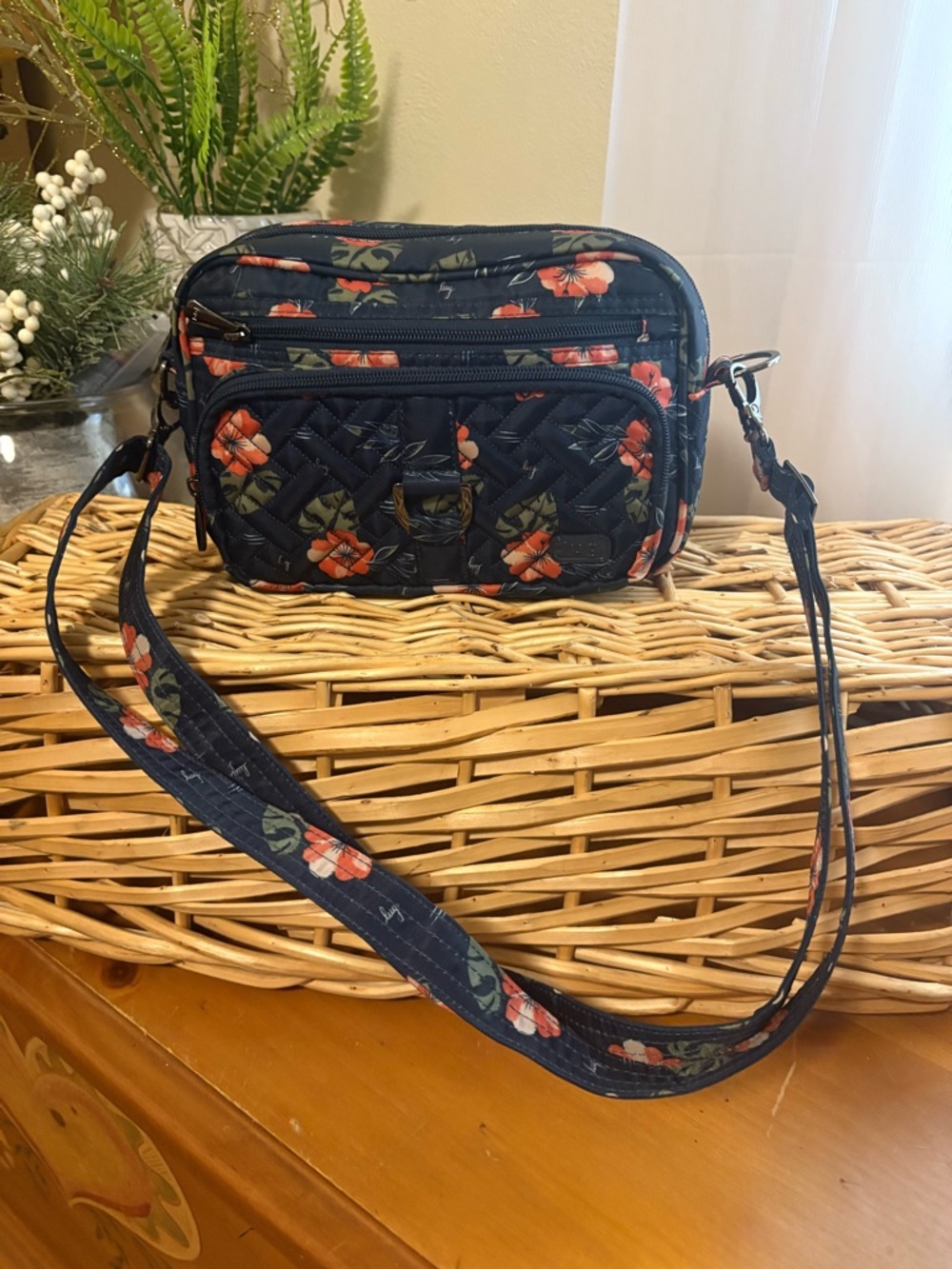 lug Carousel Navy Floral Quilted Crossbody with Coral Accents